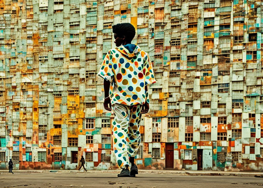 Colorfully Spotted Outfit Person Walking by Rust-Streaked Building