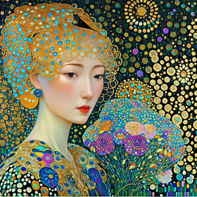 Stylized portrait of woman with gold patterns on headdress and dress amid colorful circles