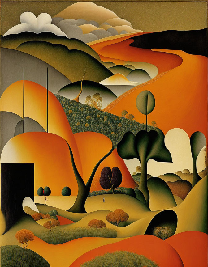 Surrealist landscape with rolling hills and stylized trees