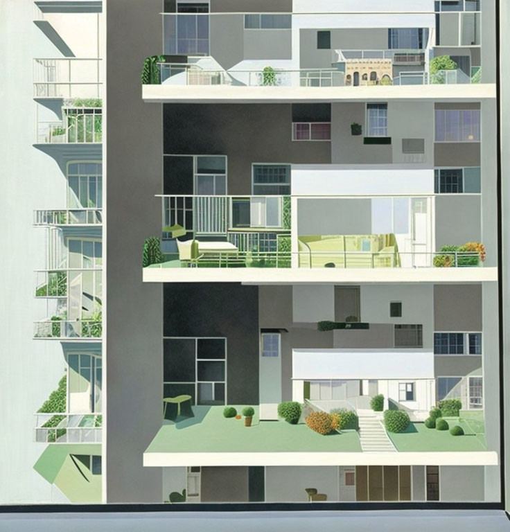 Modern apartment building with balconies and green spaces