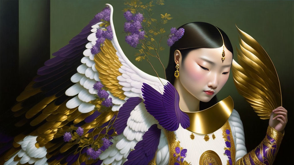 Surreal digital artwork: woman with wing-like sleeves and golden neckpiece on dark backdrop with purple