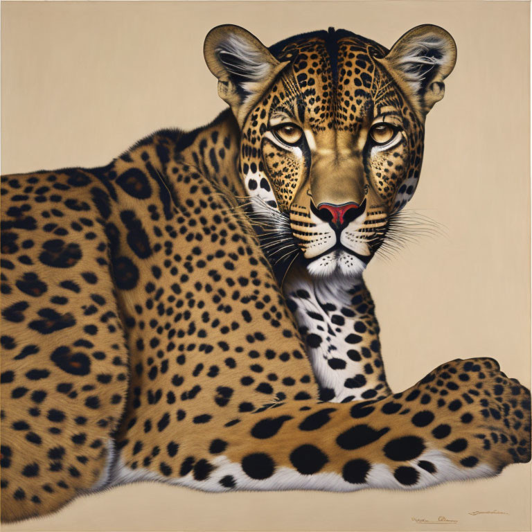 Hyper-realistic drawing: Jaguar resting head on paw, beige background