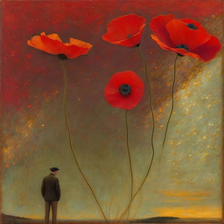 Man in Hat Contemplates Four Red Poppies Under Twilight Sky