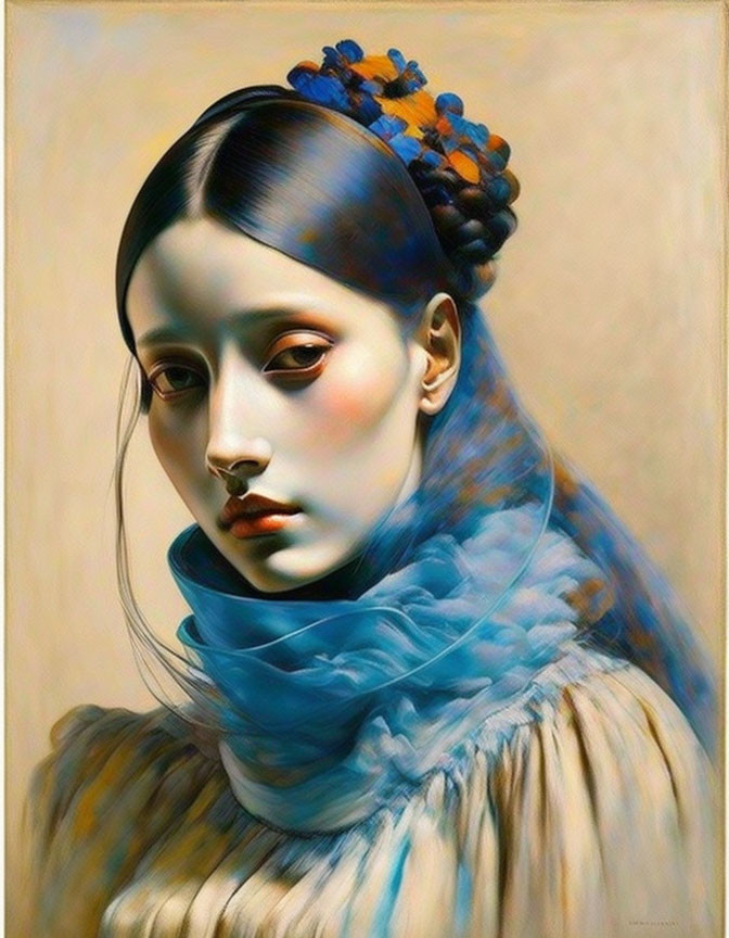 Elaborate Blue Headpiece on Woman with Contemplative Expression