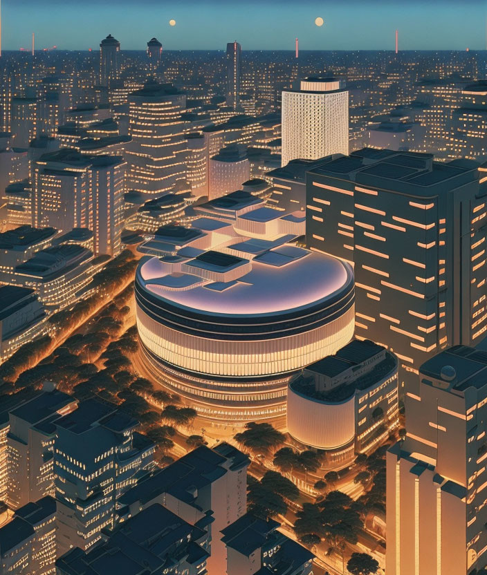 Futuristic cityscape at dusk with illuminated buildings and circular structure under two moons