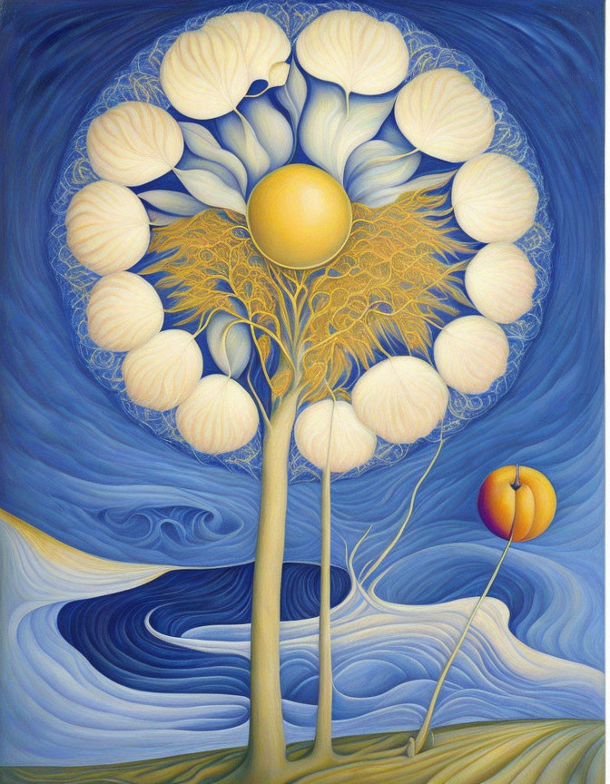 Stylized painting of tree with yellow leaves on blue background with peach fruit