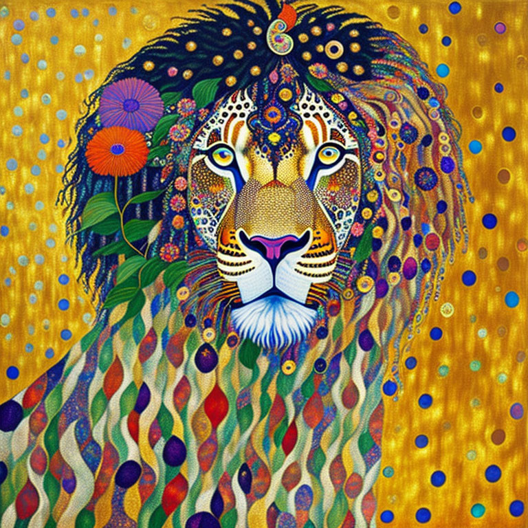 Colorful Lion Painting with Floral and Psychedelic Patterns on Dotted Yellow Background