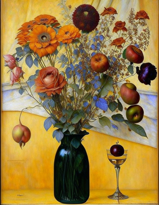 Mixed Flowers and Fruits Still Life Painting on Yellow Background