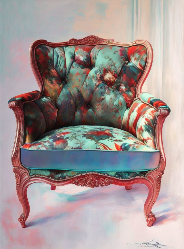 Red-framed antique armchair with teal and crimson floral upholstery on pink gradient.