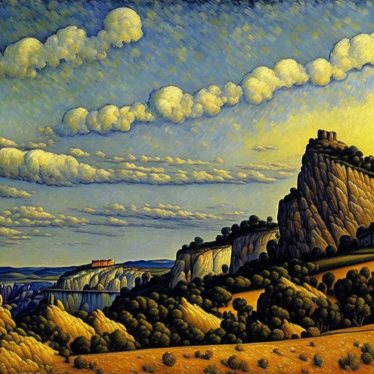 Golden landscape painting with rocky cliff and blue sky.