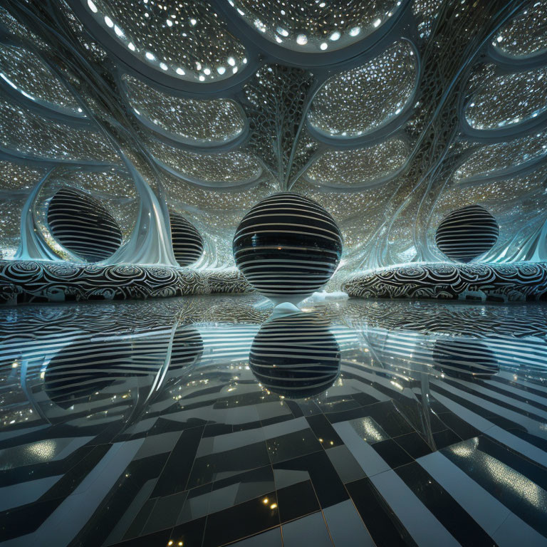 Abstract futuristic interior with spherical objects and intricate illuminated patterns