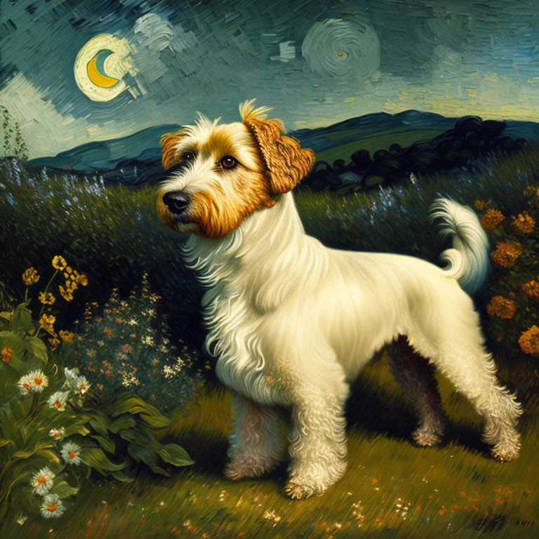 Fluffy white and tan dog in vibrant night landscape with swirling sky