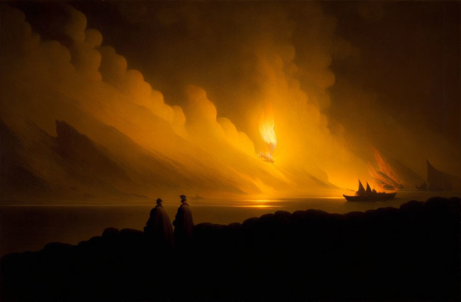 Silhouetted figures by water witness volcanic eruptions