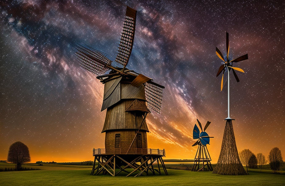 Old wooden windmill and modern turbines under starry night sky