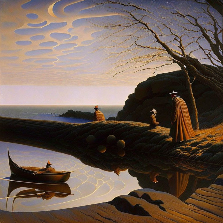 Surreal landscape with figures, tree, clouds, and boat reflection