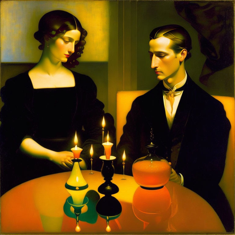 Vintage-style painting of man and woman at table with candles and glass object