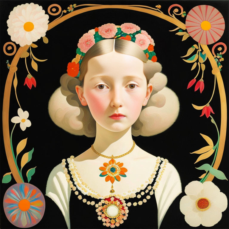 Stylized portrait of a girl with floral headpiece and surreal elements