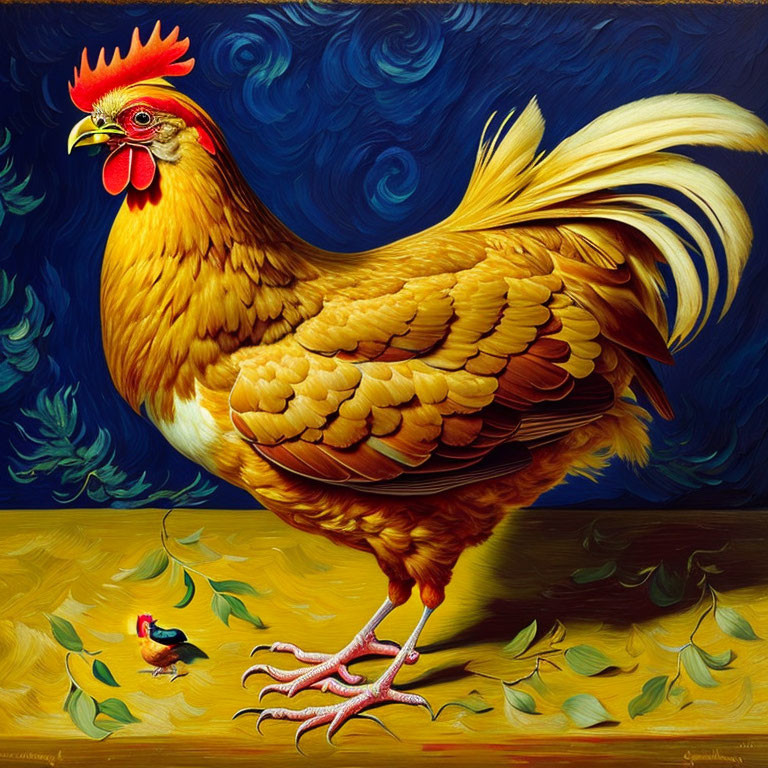 Detailed golden-brown rooster with red comb on blue background