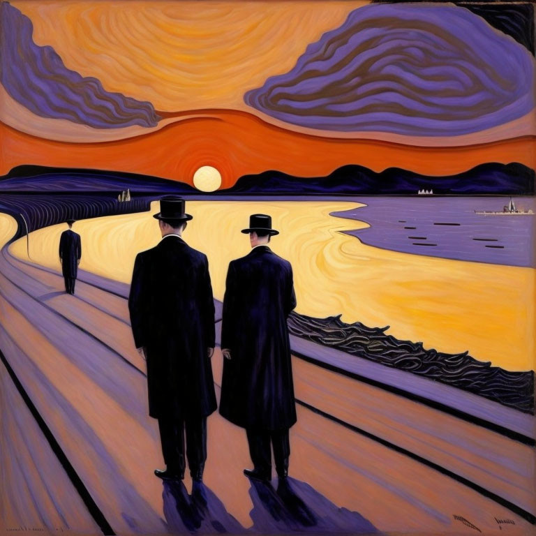 Silhouetted figures walking in surreal orange and purple landscape