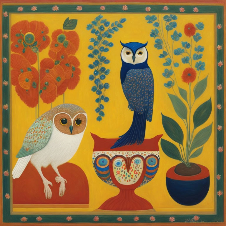 Stylized owls on vase and ball with floral pattern on yellow background