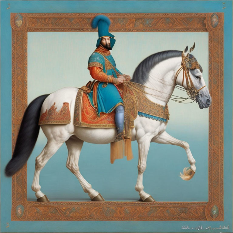 Regal person in traditional attire on white horse against teal background