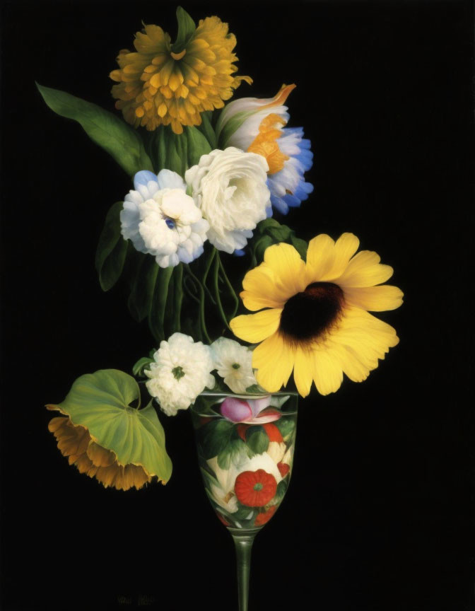 Colorful Flower Bouquet in Glass Vase on Black Background