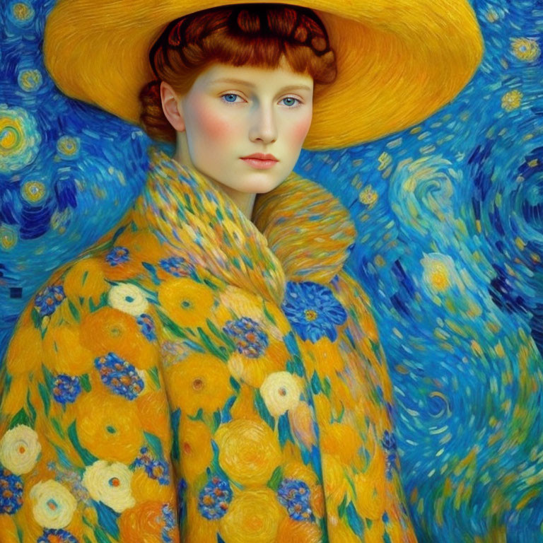 Red-haired woman in yellow hat and floral coat on Van Gogh-style background