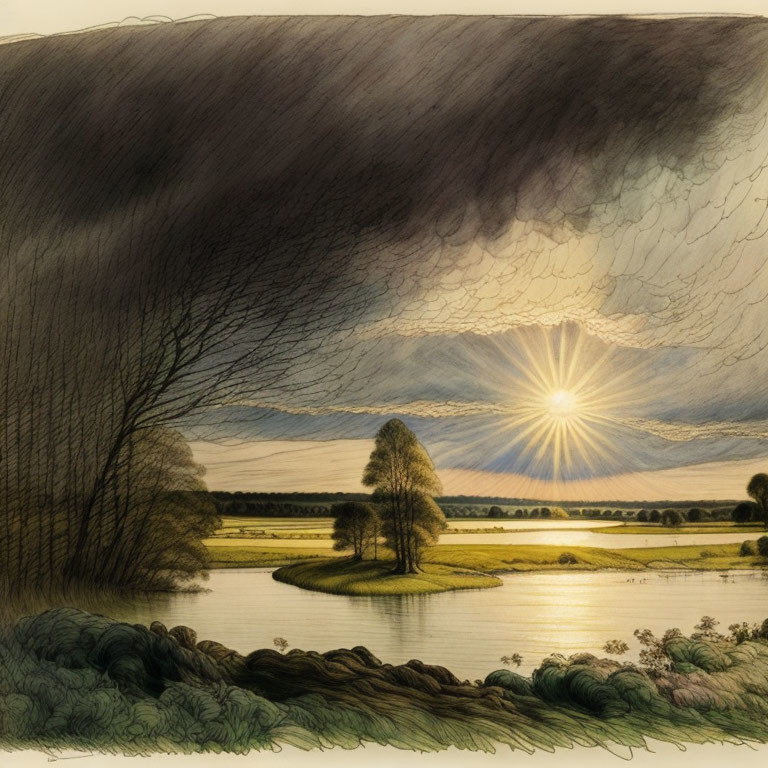 Sunburst through dark clouds over tranquil lake and lush landscape