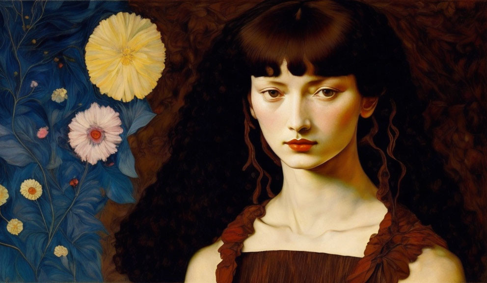 Portrait of Woman with Dark Wavy Hair and Flowers