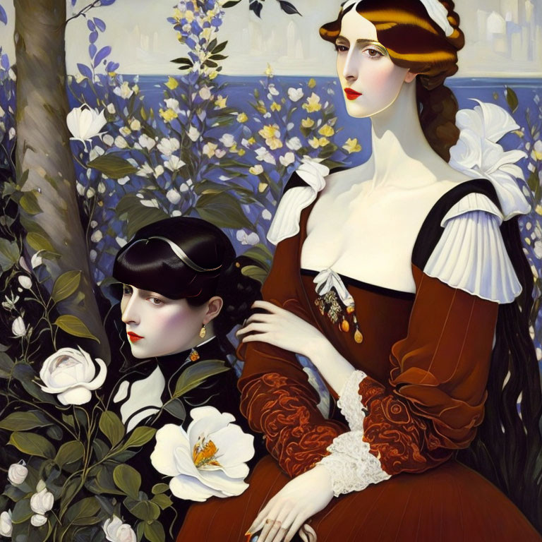 Stylized women in vintage attire with floral backdrop