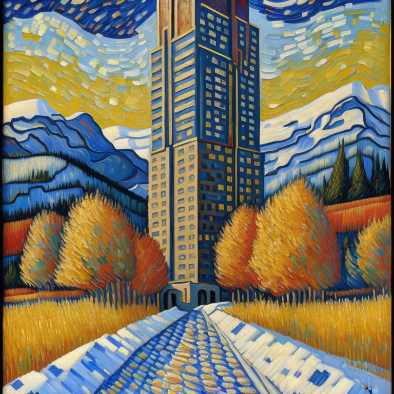 Skyscraper amidst colorful autumn trees with geometric sky patterns.