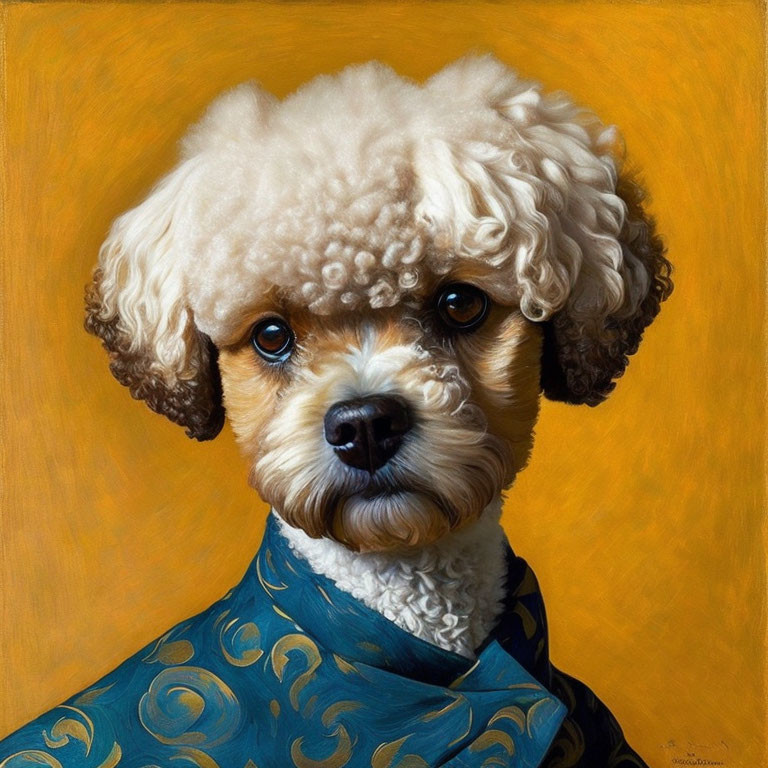 Realistic painting of curly-haired poodle in blue patterned garment