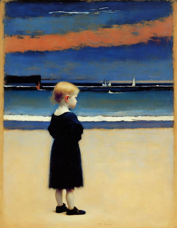 Young girl in dark dress gazes at sailboats on beach at sunset