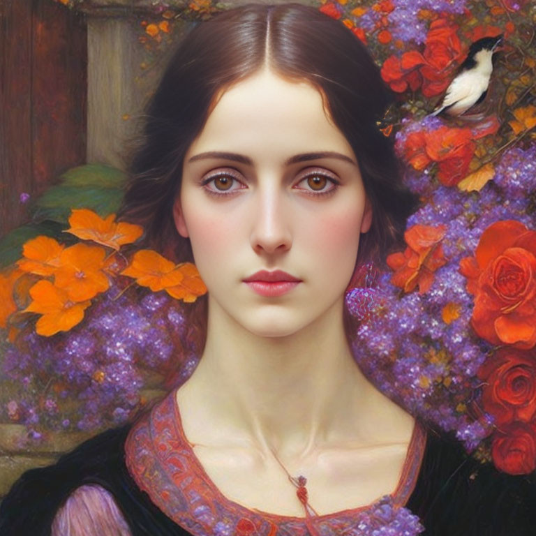 Woman portrait with flowers and bird in vibrant colors.