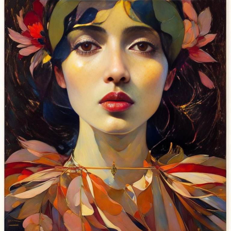 Woman Portrait with Floral Headdress and Leaf Necklace in Earthy Tones