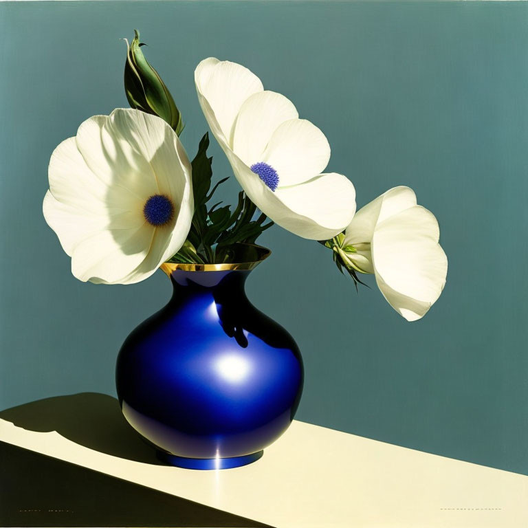 Blue vase with white flowers and sharp shadow on table.