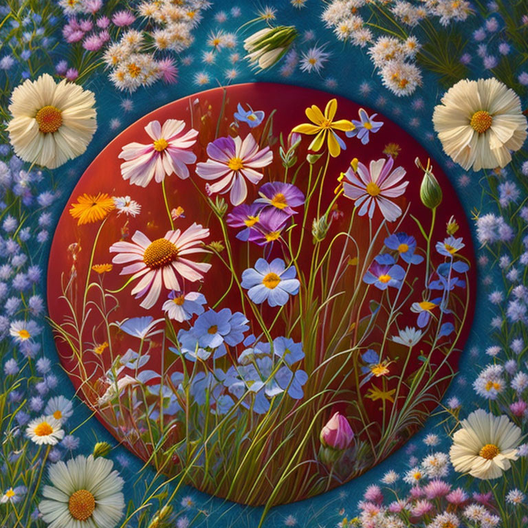 Circular wildflower meadow art on blue background