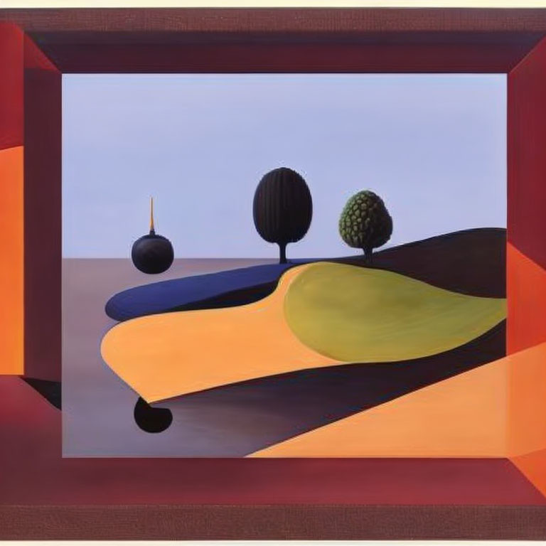 Abstract landscape with two trees on undulating hills under purple sky and geometric shapes.