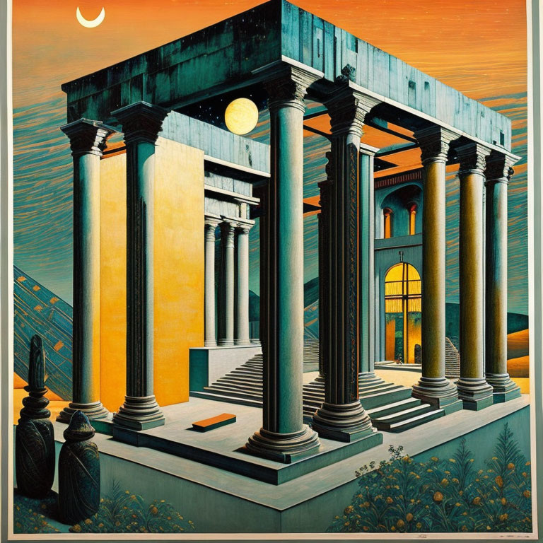 Surreal illustration: classical pillars, gradient sky, crescent moon, foliage, mysterious artifacts