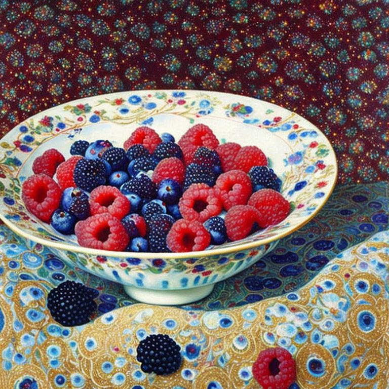 Colorful Fresh Berries in Decorative Bowl on Patterned Fabric