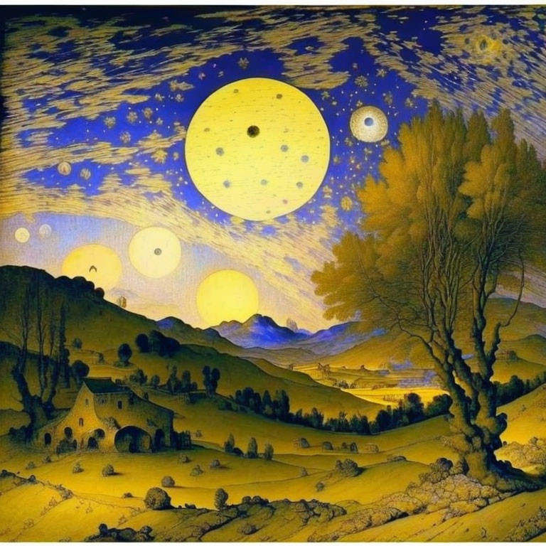 Nighttime landscape with multiple moons and planets, yellow tree, village, and rolling hills.