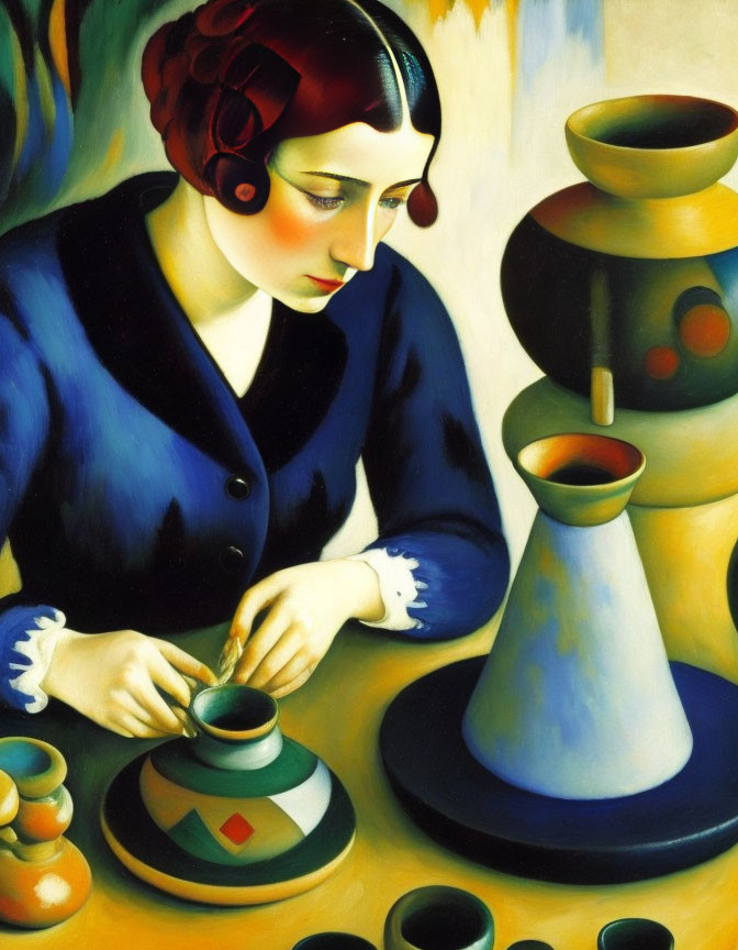 Stylized painting of a woman with red earrings creating ceramic bowl