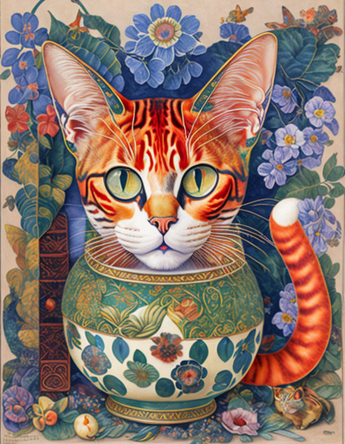 Colorful illustration of orange tabby cat in floral hat peeking from porcelain bowl