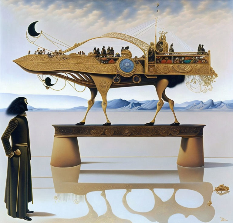 Surrealist painting: Ship with human legs on pillars, figures in desert