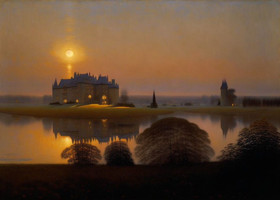 Sunset landscape with castle mirrored in lake