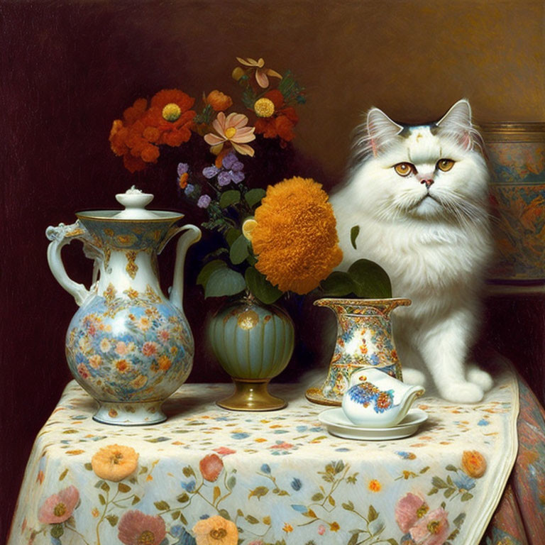 Fluffy white cat with dark markings on floral tablecloth with teapot, cup, and flowers