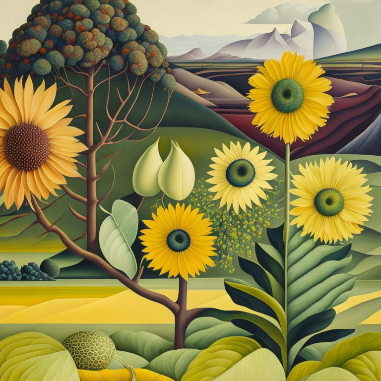 Vibrant sunflowers and trees in stylized landscape.