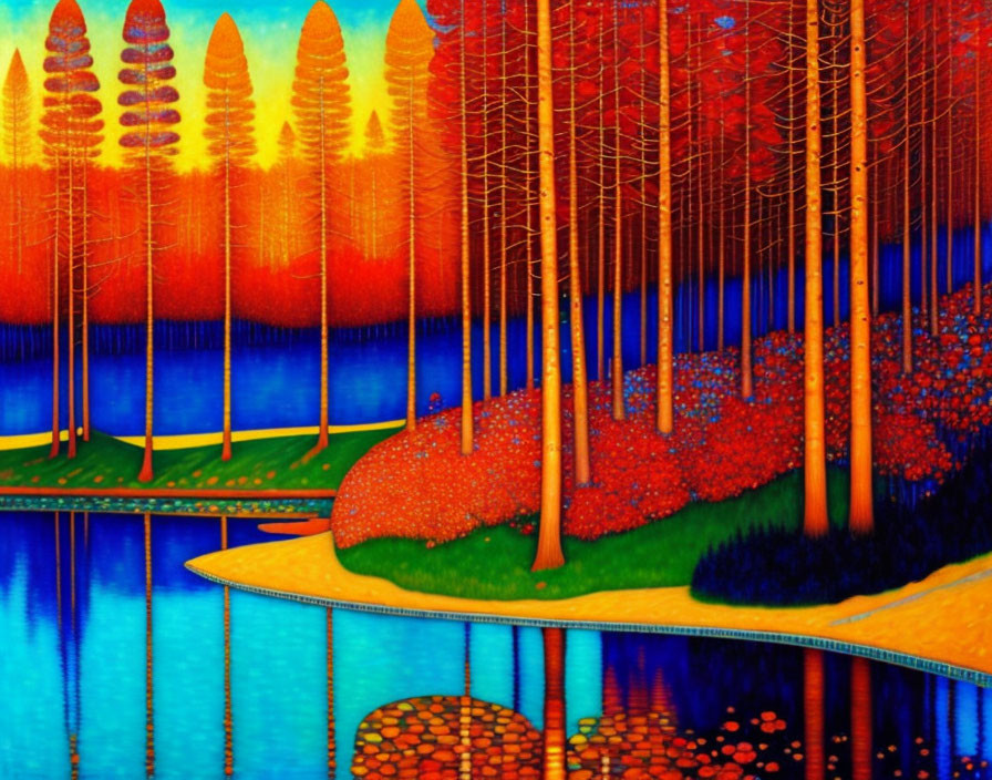 Colorful landscape painting: blue river, golden paths, red flowers, tall yellow and green trees,