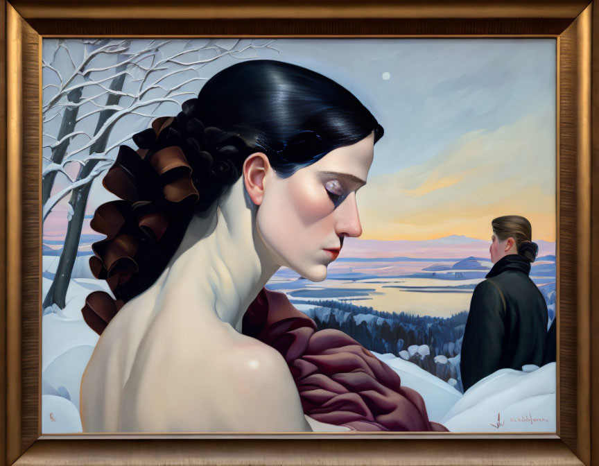 Profile portrait of woman in winter landscape with distant male figure and sunset