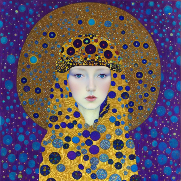 Portrait of Woman with Pale Skin and Red Lips in Golden Headdress on Blue Background